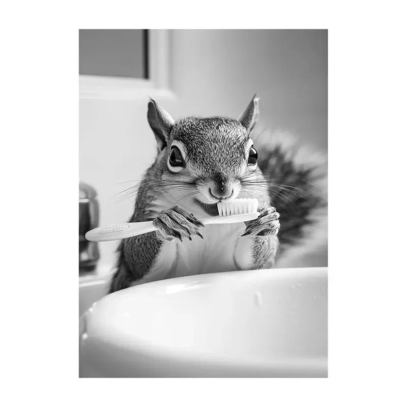 Funny Bathroom Animal Canvas Wall Art | Vintage Brushing Teeth