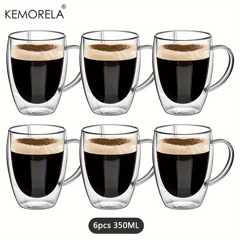 KEMORELA 350ml Double Wall Glass Coffee Mugs with Handle | 2/4/6 Pack