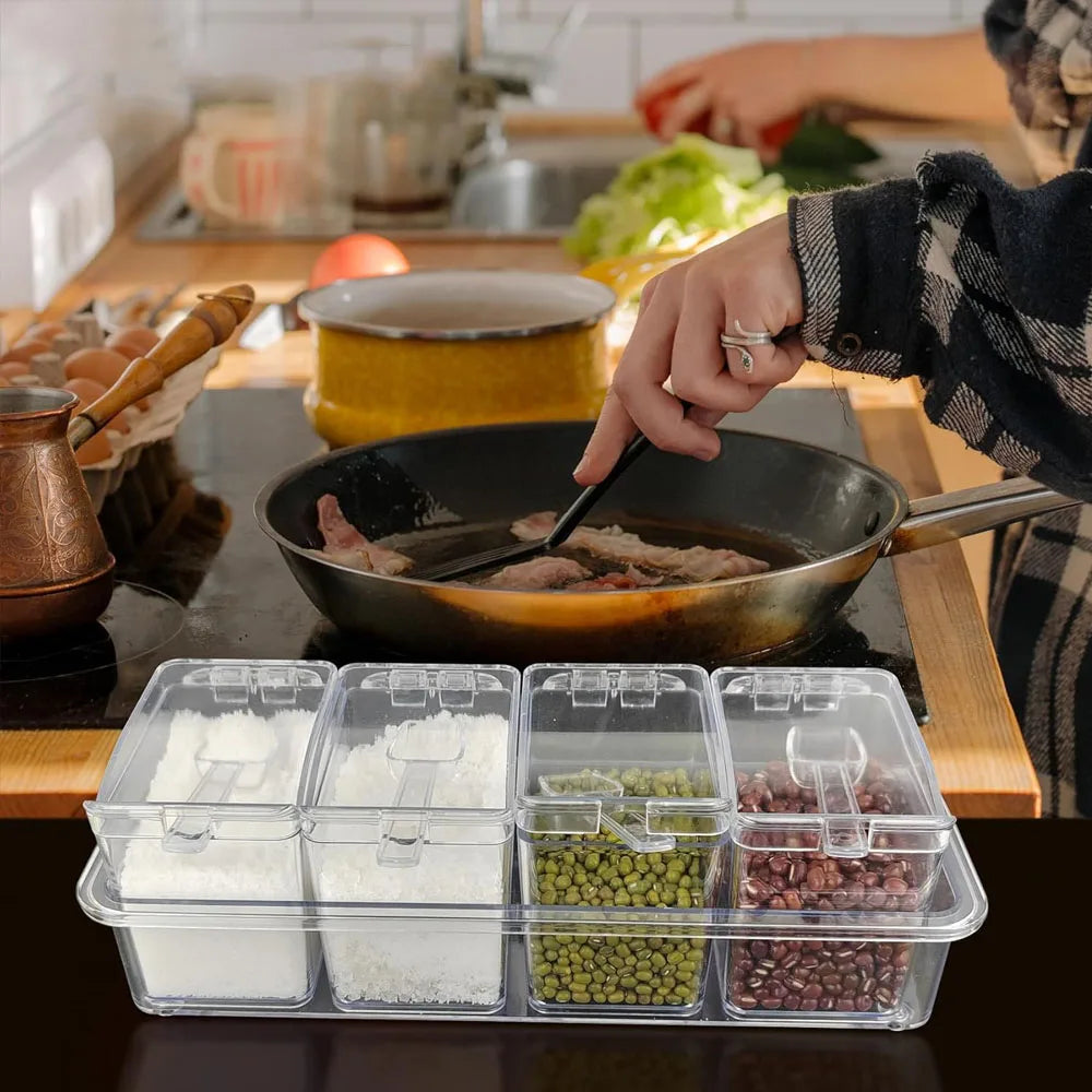 4-Cell Clear Acrylic Spice Box with Lids & Spoons