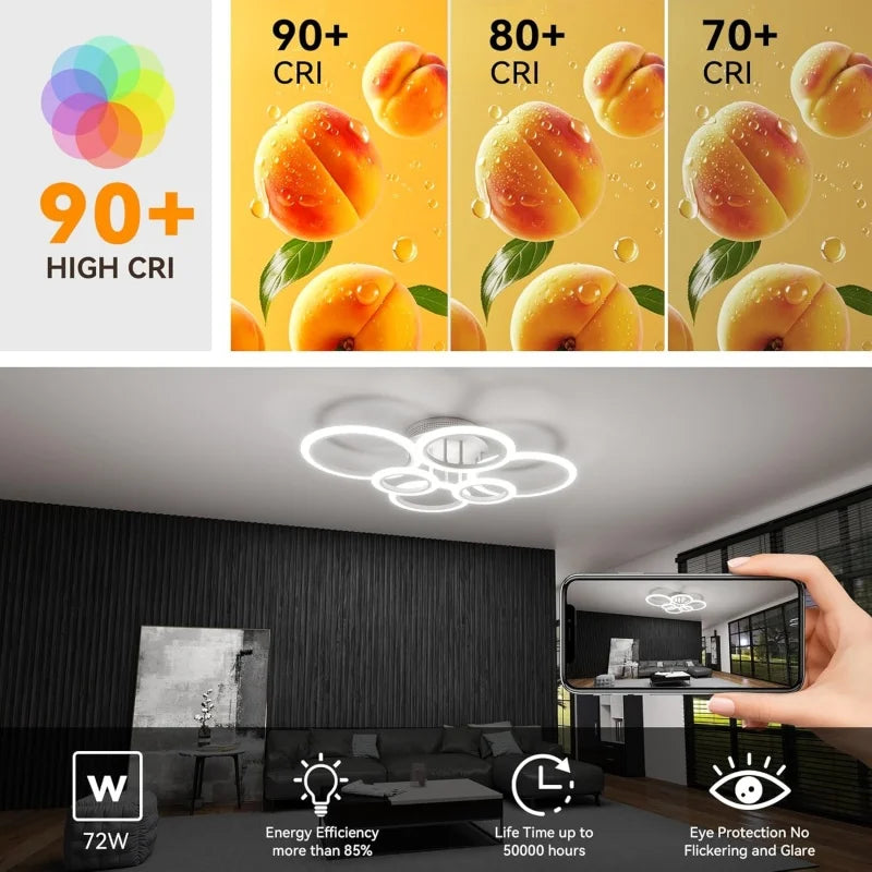 Modern 6-Ring LED Flush Mount Ceiling Light | Dimmable Remote