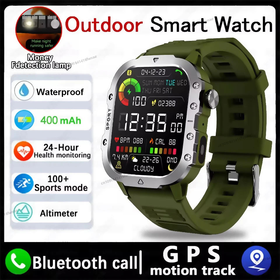 2025 Military GPS Smart Watch Men LED Flashlight Waterproof Outdoor Sport Tracker Bluetooth Call Waterproof Smartwatch Man Women Peaceful Pleasures Health and Wellness Green