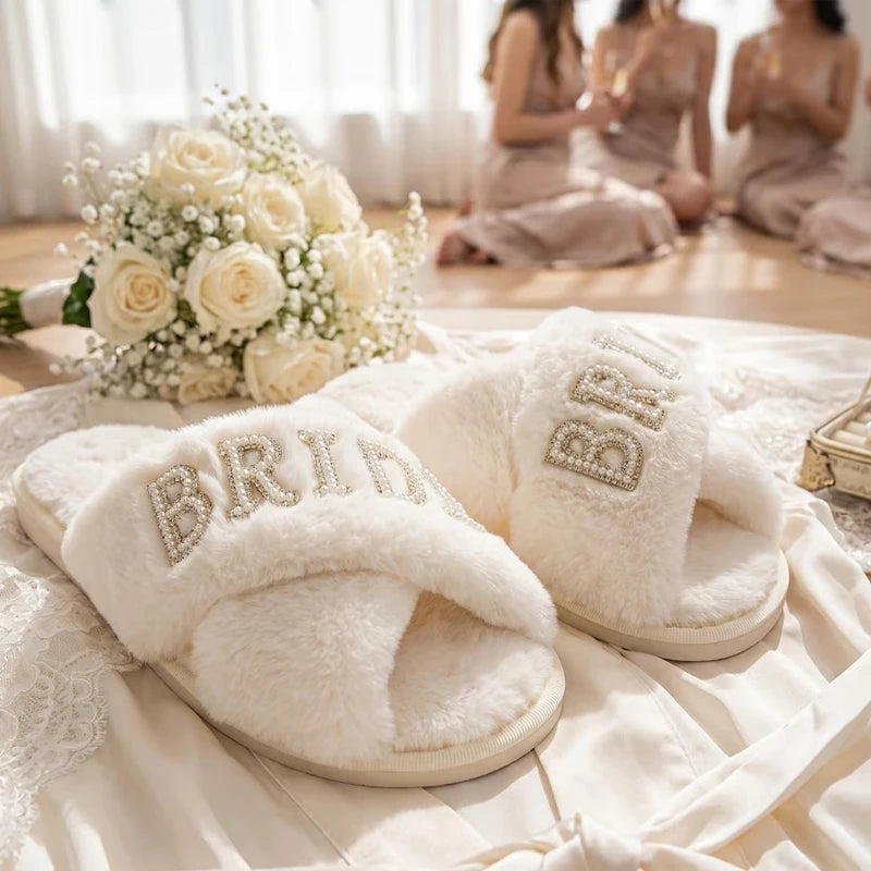 Bride Pearl Letters Fluffy Slippers | Bridal Wedding Gift Bridal Fluffy Slippers Peaceful Pleasures Health and Wellness