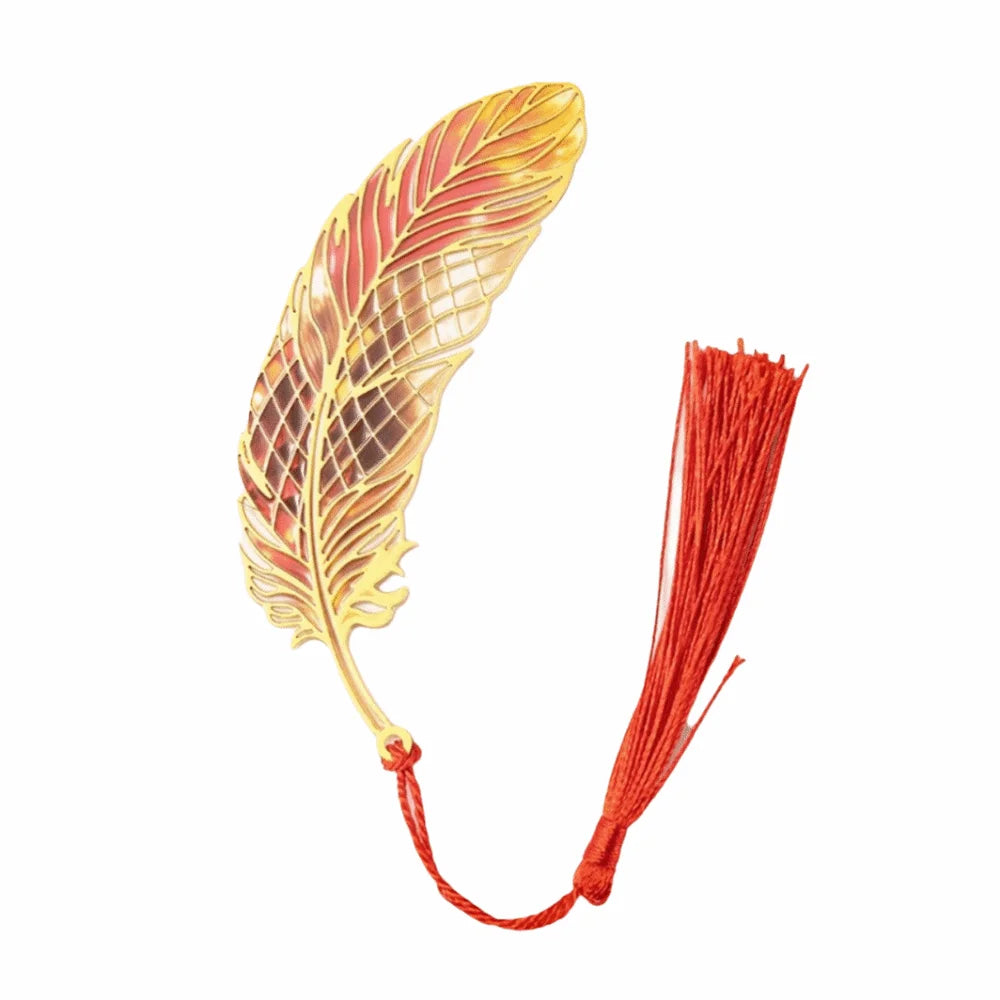 Vintage Metal Bookmark Creative Feather Shape Peacock Feather Bookmark Sturdy with Chain Pendant Hollow Out Bookmark Peaceful Pleasures Health and Wellness Red
