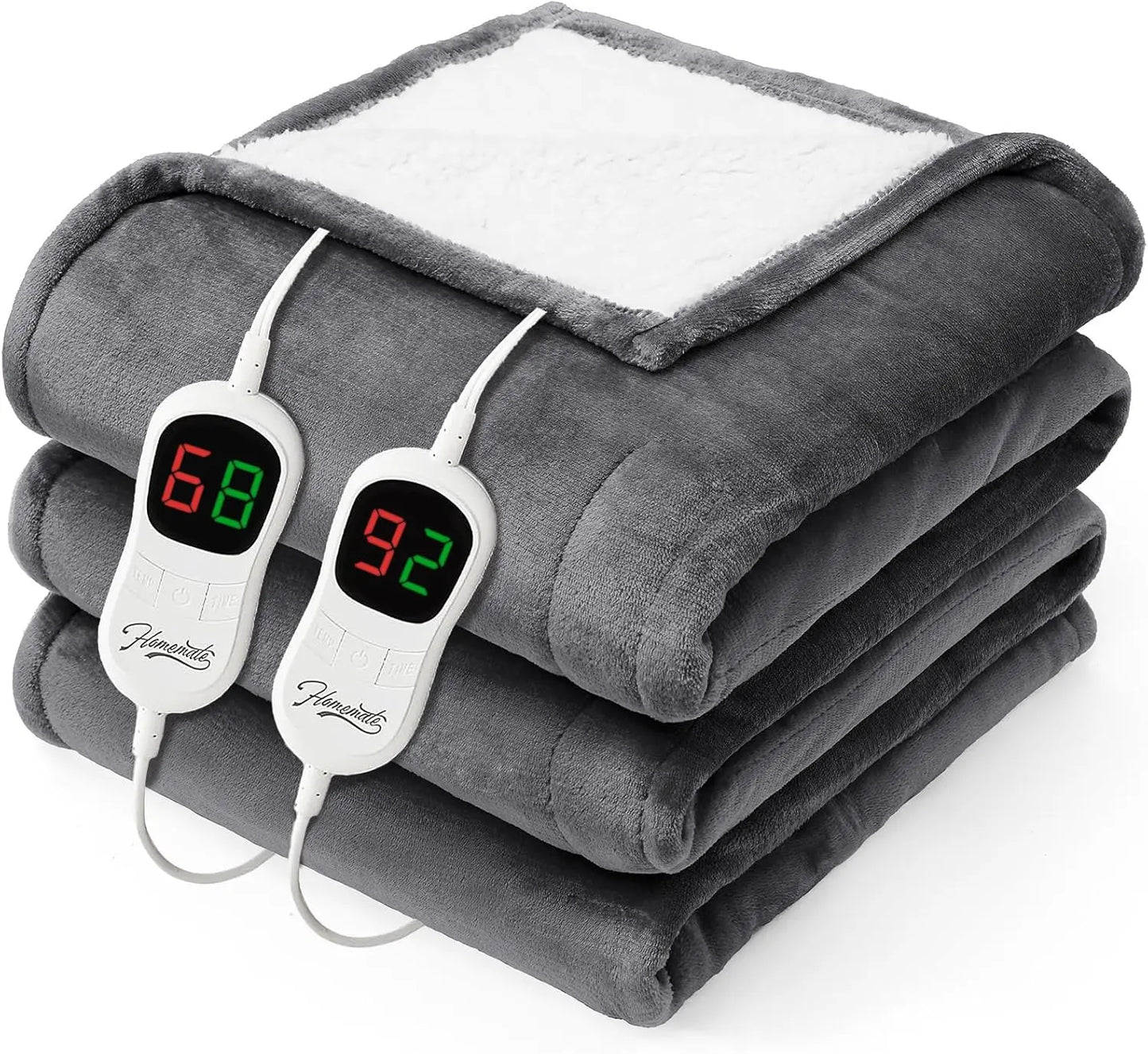 Gray electric blanket with digital controllers on a white background