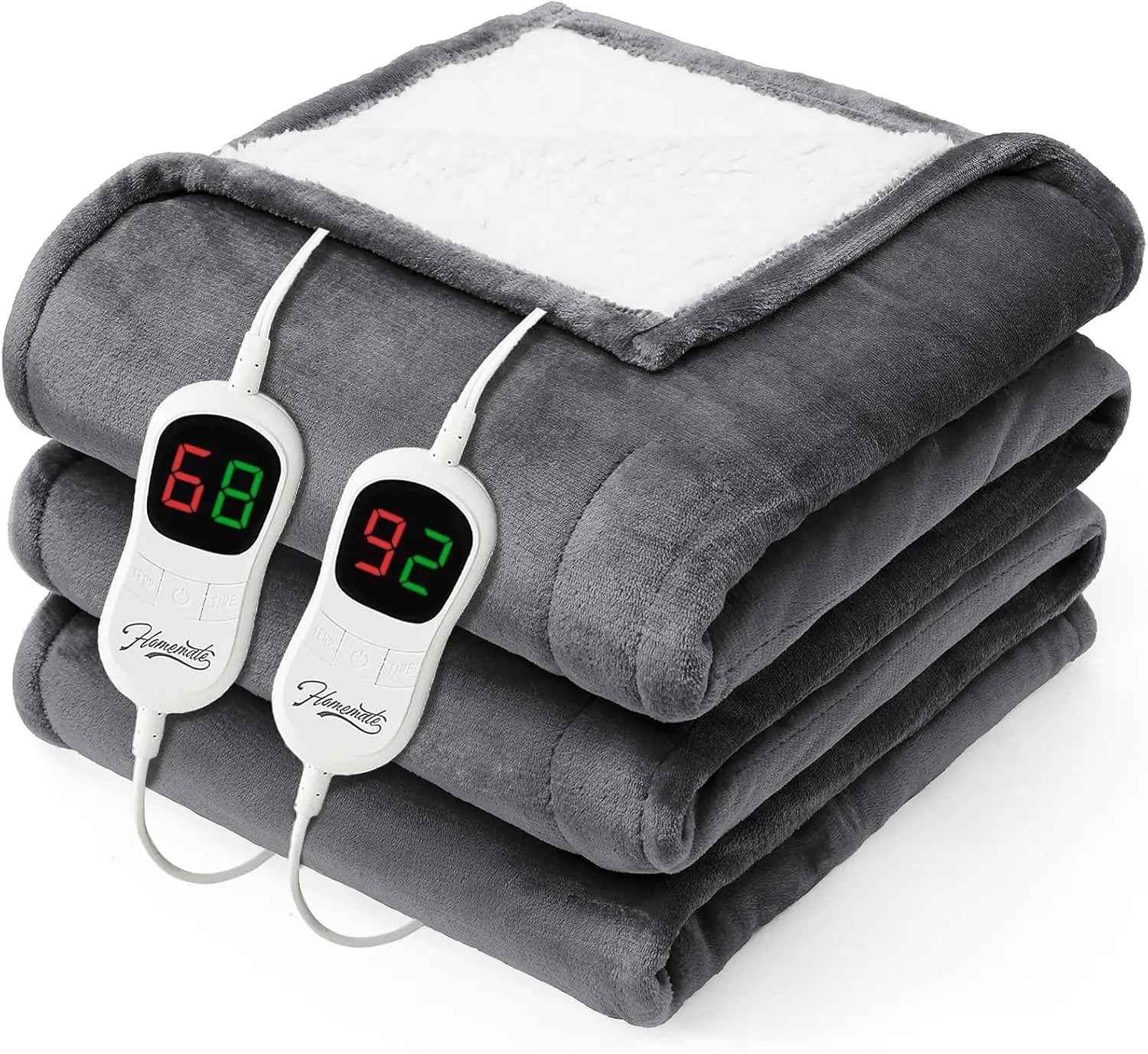 Gray electric blanket with digital controllers on a white background