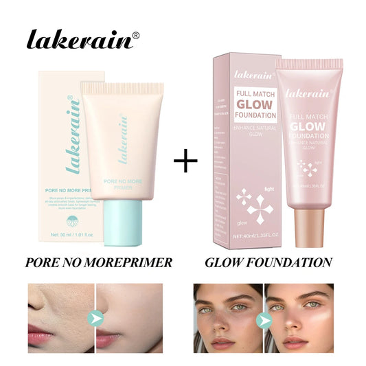 Pore No More Primer & Glow Foundation Set Moisturize Brighten Skin Long Lasting Oil Control Waterproof Sweatproof Primer Kit Peaceful Pleasures Health and Wellness