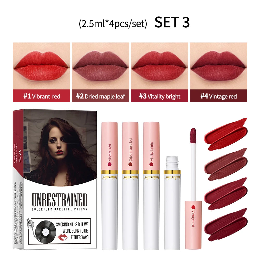 4pcs/set Velvet Lip Gloss Matte Liquid Lipstick Waterproof Long Lasting Tint Cigarette Tube Pigment Red Pink Makeup Peaceful Pleasures Health and Wellness set 3