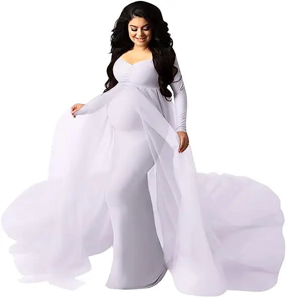 Deep V-Neck Lace Feather Maternity Gown | Photo Shoot Dress