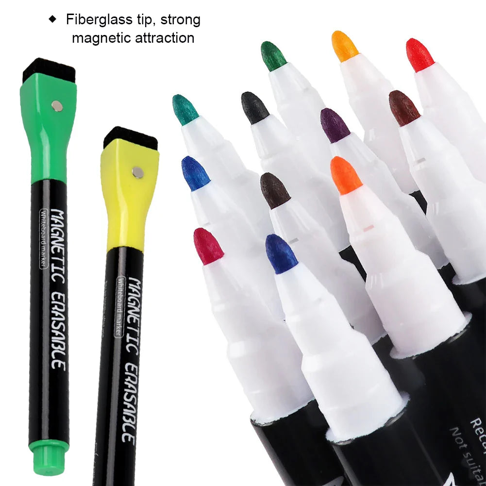 Erasable Magnetic Whiteboard Markers with Built-In Eraser | 12 Colors