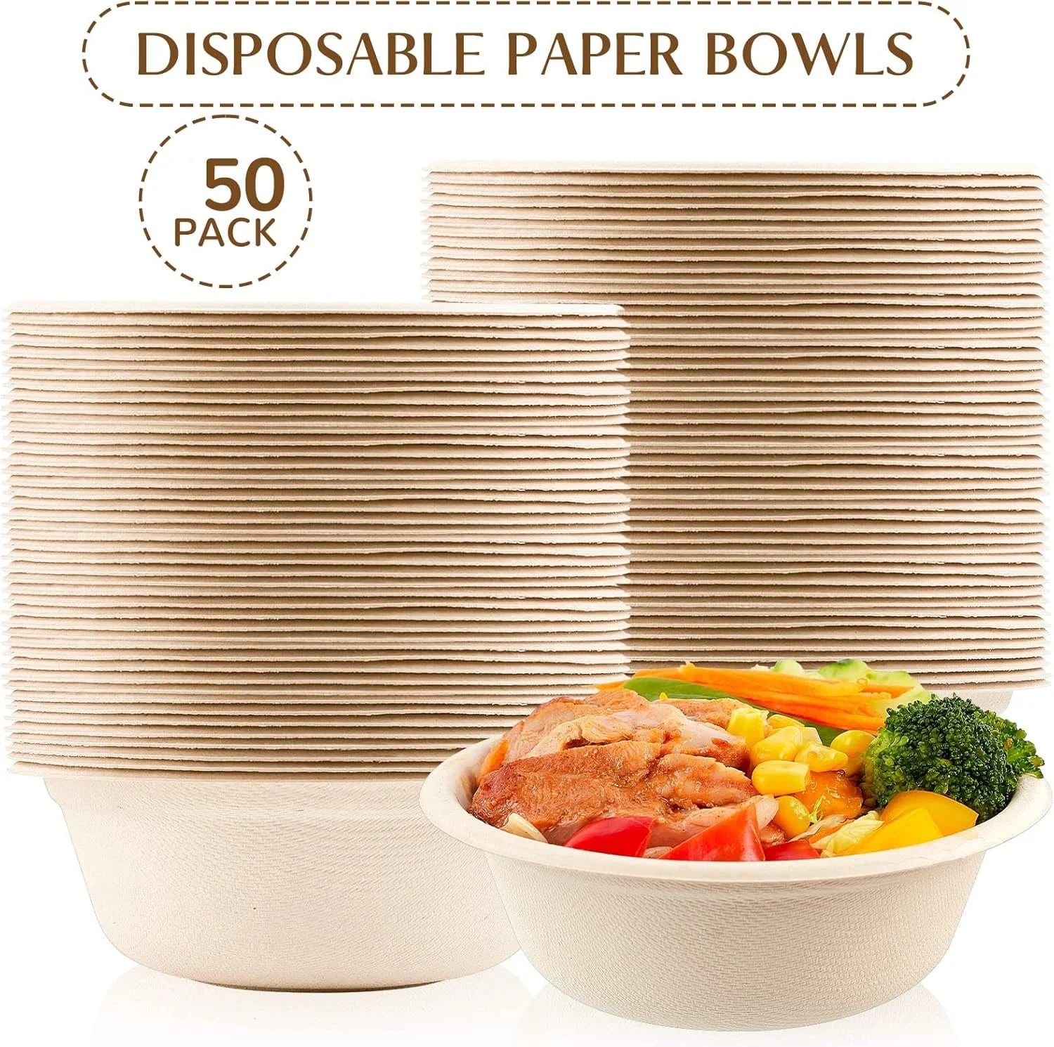 50/125/200 Paper Bowls 100% Compostable Disposable Soup Bowl 12oz Heavy Duty Eco-Friendly Biodegradable Straw Hot Food Natural Peaceful Pleasures Health and Wellness Straw 125pcs