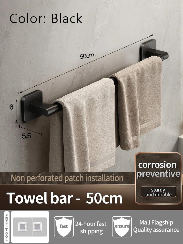 No-Drill Self-Adhesive Towel Bar | Black Aluminum Towel Rack