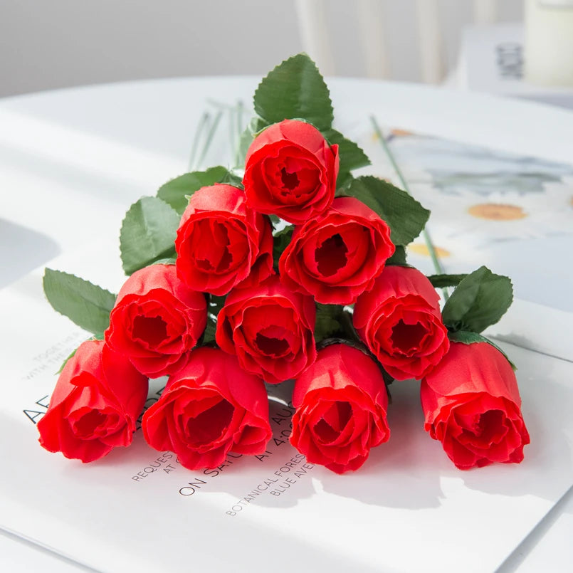 Red Silk Rose Bouquet 10 Pcs – Artificial Flowers for Weddings