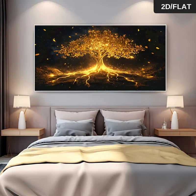 Frameless Modern Abstract Golden Tree of Life Canvas Art Vibrant Wall Decor Elegant Home Decoration Wall Art, Canvas 2D Flat Peaceful Pleasures Health and Wellness