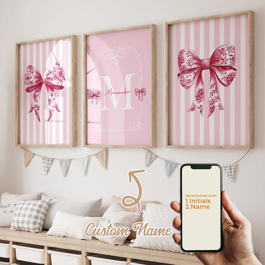 Personalized Pink Bow Tie 3-Piece Canvas Wall Art | Kids Decor Personalized Canvas Art Peaceful Pleasures Health and Wellness GA-CH178-3pcs 60x80cm Unframed