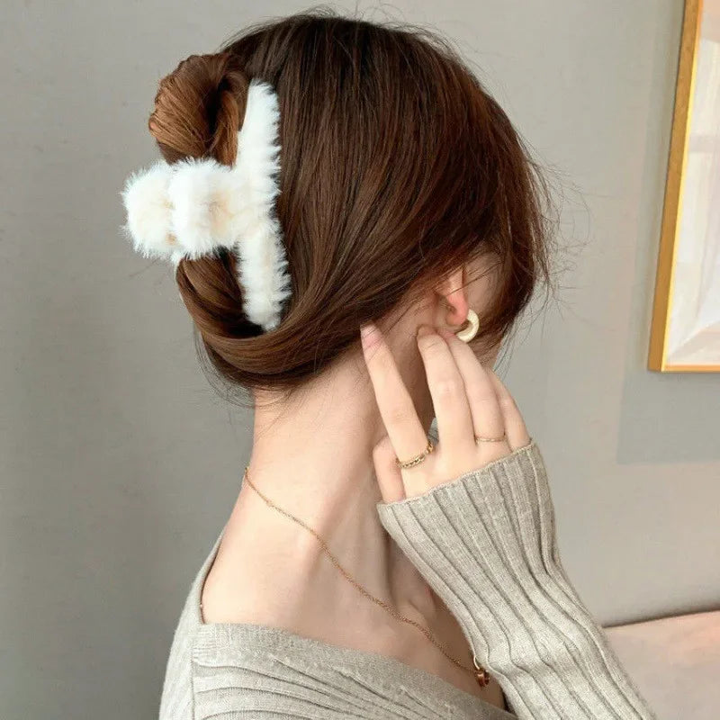 Fluffy Faux Fur Big Crab Hair Claw Clips for Women & Girls