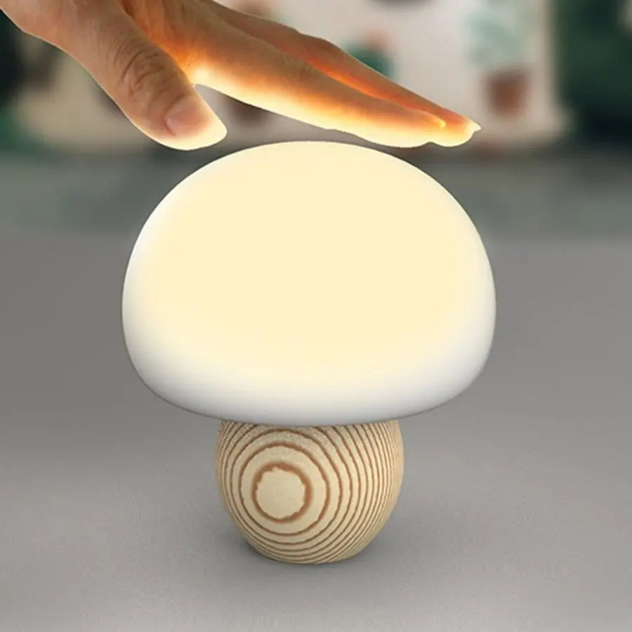 LED Mushroom Night Light | Dimmable Touch Lamp & Wood Base