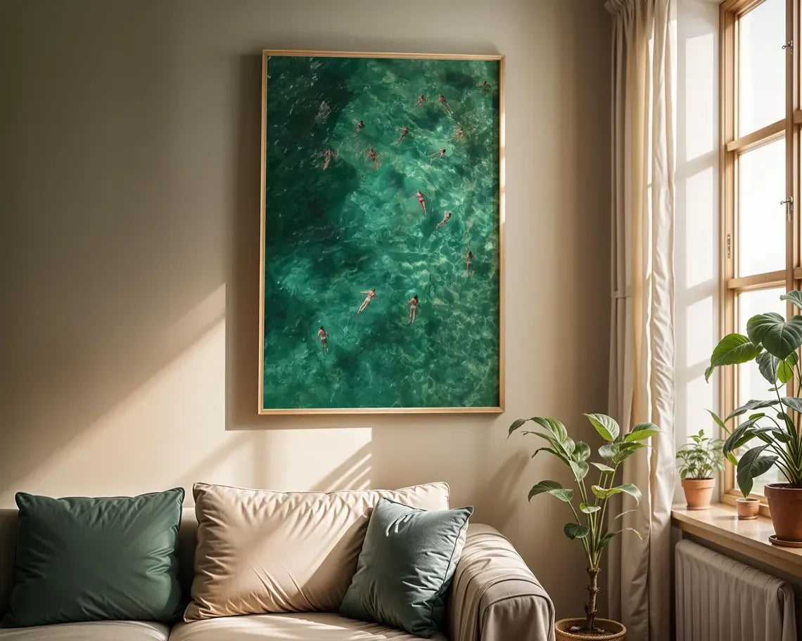 Swimming in Green Abstract Canvas Wall Art | Retro Minimalist Print