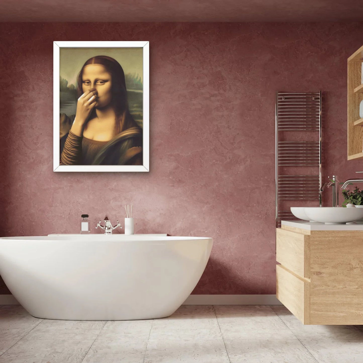 Parody Mona Lisa Bathroom Wall Art Decor Covering her Nose Vintage Bad Smell Poster Print Toilet Humor Funny Leonardo Davinci In Peaceful Pleasures Health and Wellness