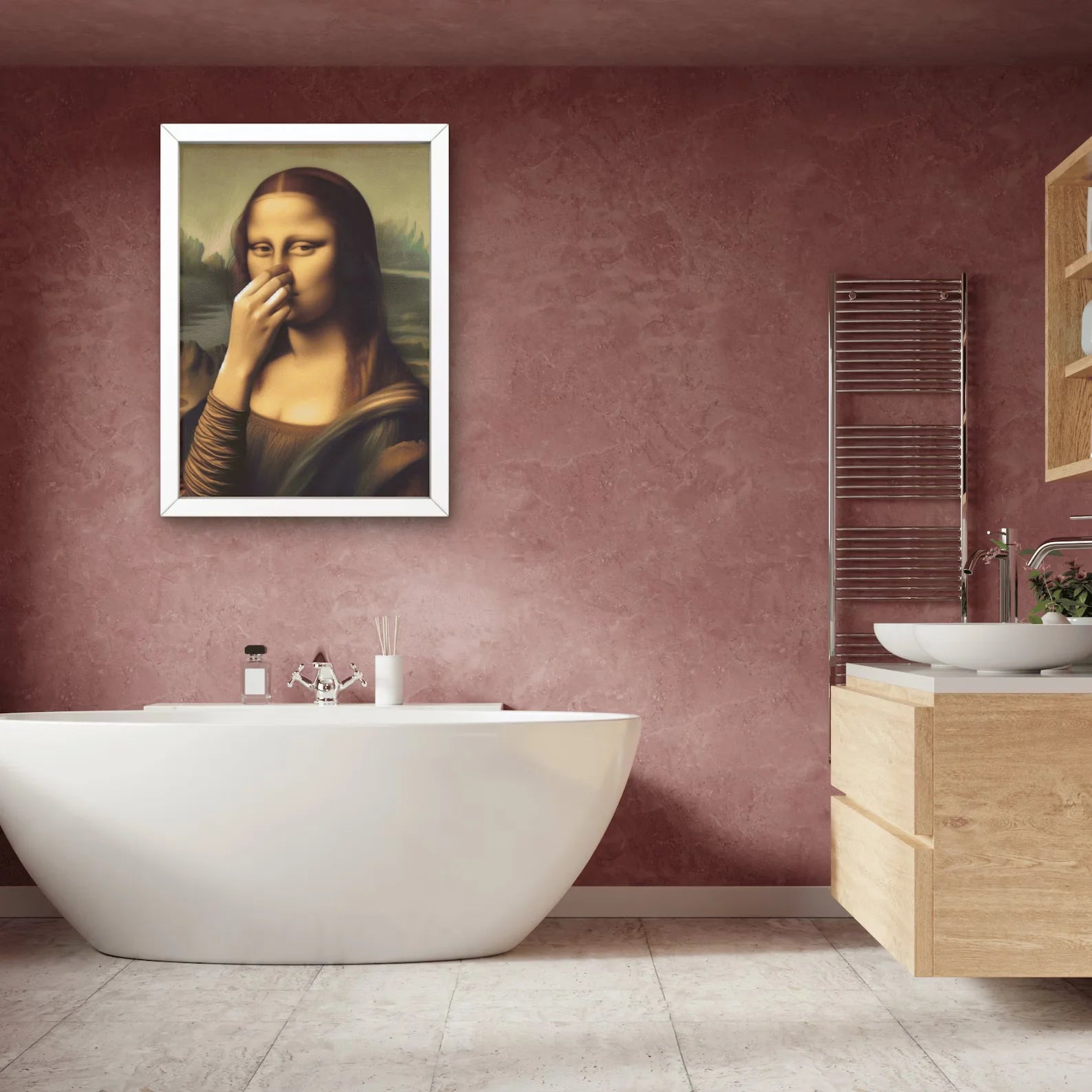 Parody Mona Lisa Bathroom Wall Art Decor Covering her Nose Vintage Bad Smell Poster Print Toilet Humor Funny Leonardo Davinci In Peaceful Pleasures Health and Wellness
