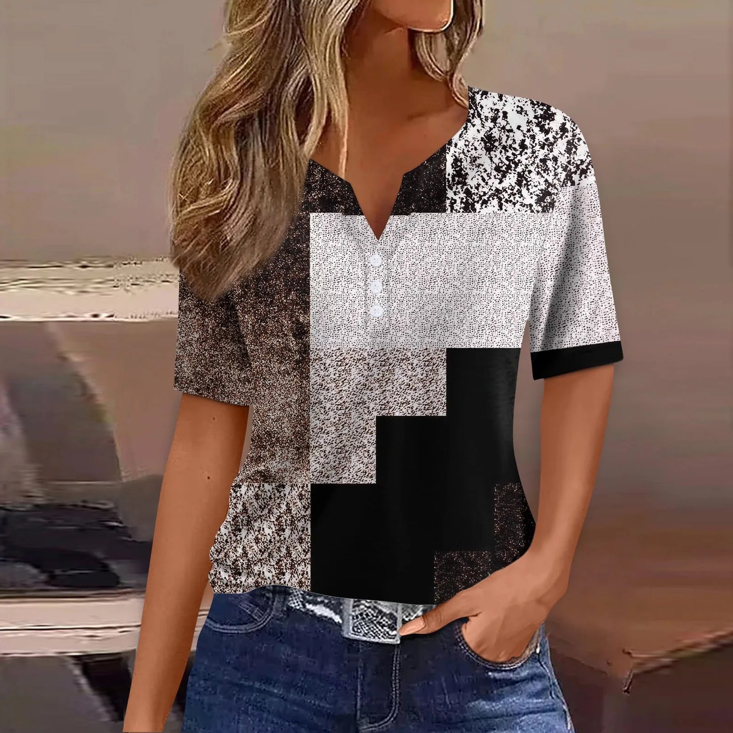 Women's Patchwork V-Neck T-Shirt | Casual Short Sleeve Button Top