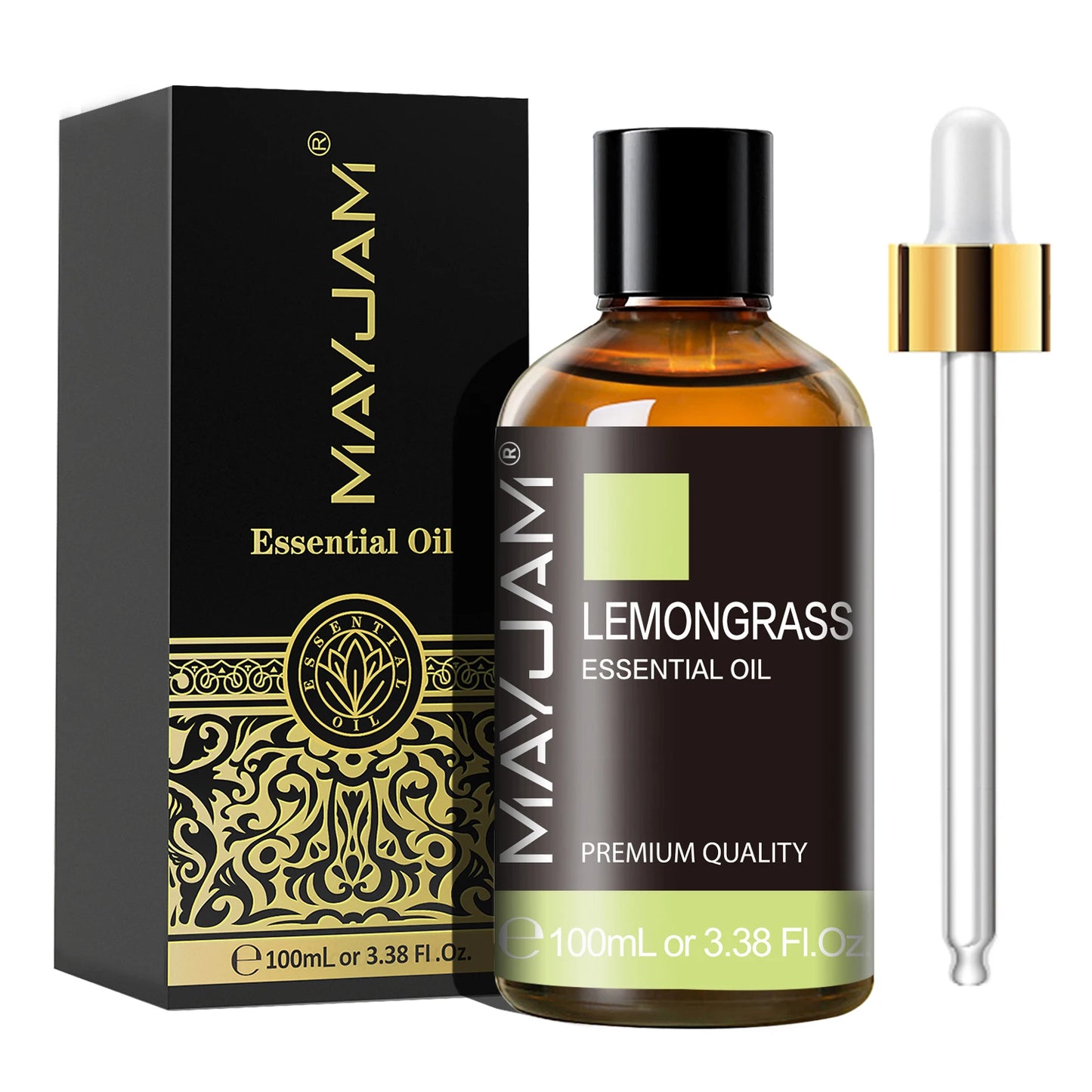 MayJam Lemongrass essential oil bottle with dropper and packaging on a white background