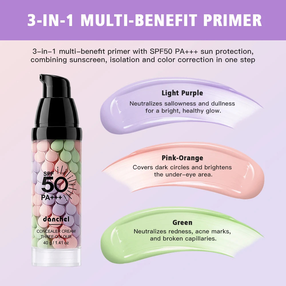 3-Color Sunscreen Concealer Cream Moisturizing Formula SPF50+ Sun Protection Oil-control Correcting Skin Tone Sunscreen Primer Peaceful Pleasures Health and Wellness
