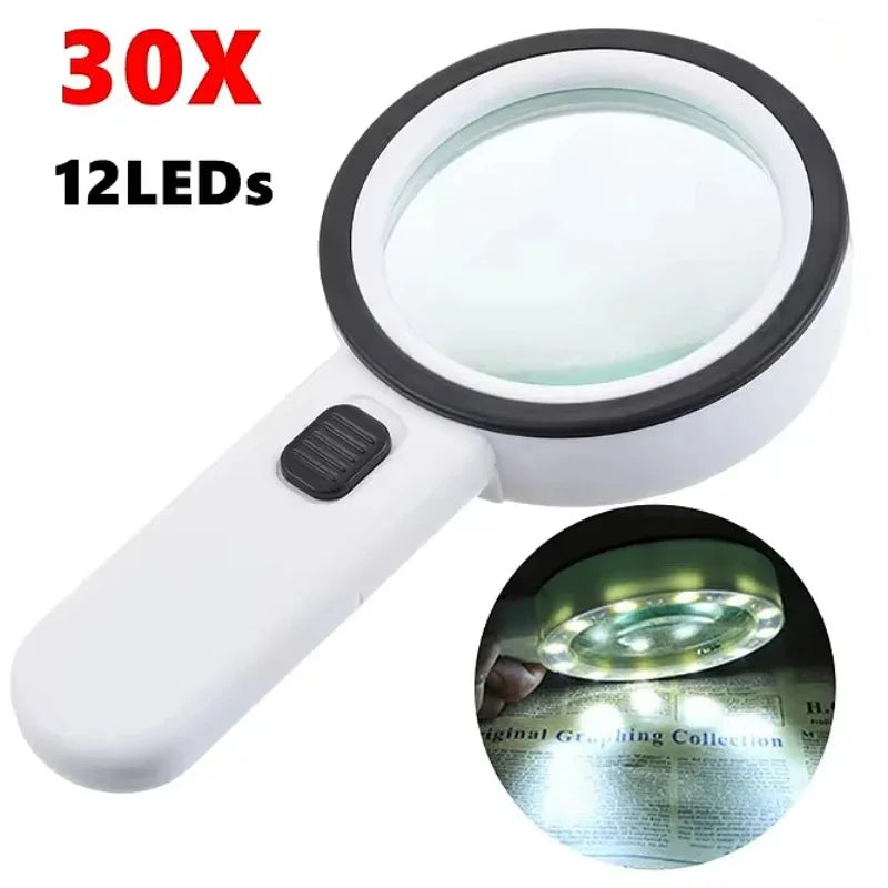 Portable 30X Magnifier with 12 LED Illuminated UV Light Handheld Loupe for Reading Coins Jewelry and Watch Repair Tool Peaceful Pleasures Health and Wellness