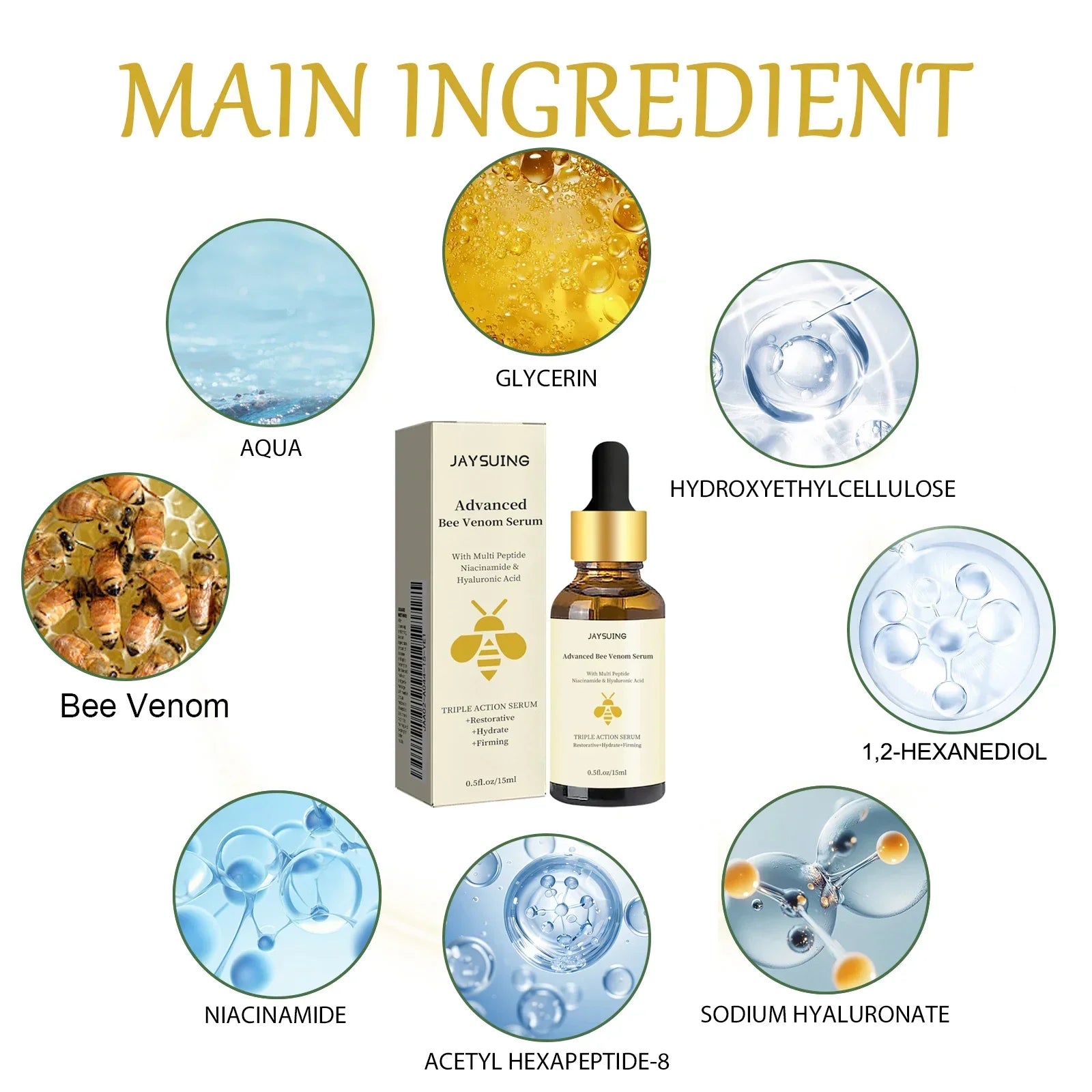 Jaysuing Bee Venom Serum Tighten Lightens Fine Lines Repair Dullness Moisturizing Firming Facial Skin Essence Brightening Skin Peaceful Pleasures Health and Wellness