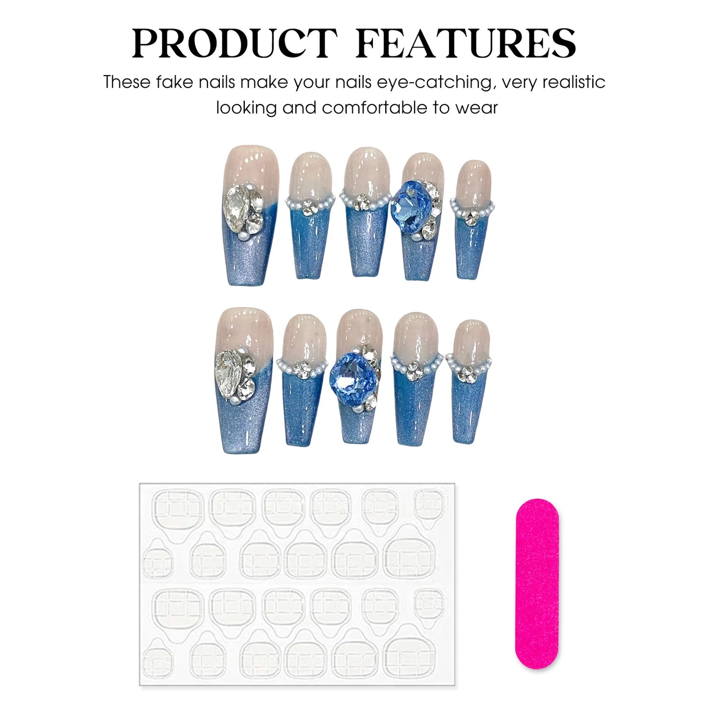 Blue Cat Eye Press On Nails – 3D Crystal Coffin Set | YADORNOS