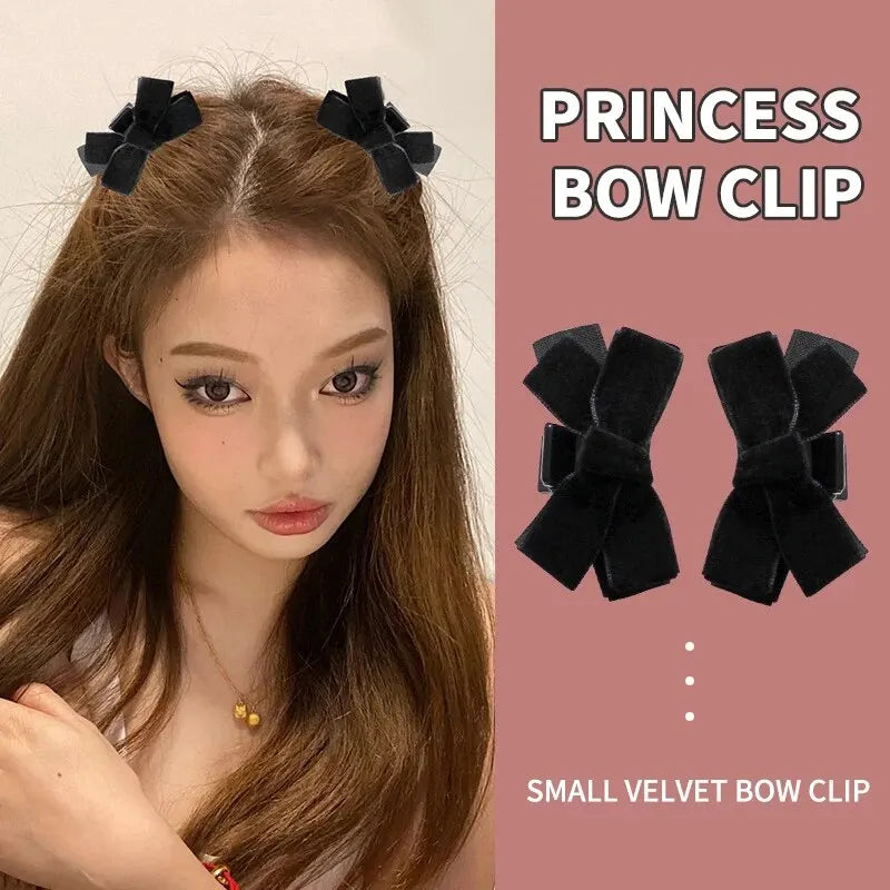 2pcs Black Bow Small Grab Clip Women's Autumn And Winter Vintage Velvet Bangle Clip Hair Clip Style Princess Hair Clip Headwear Peaceful Pleasures Health and Wellness