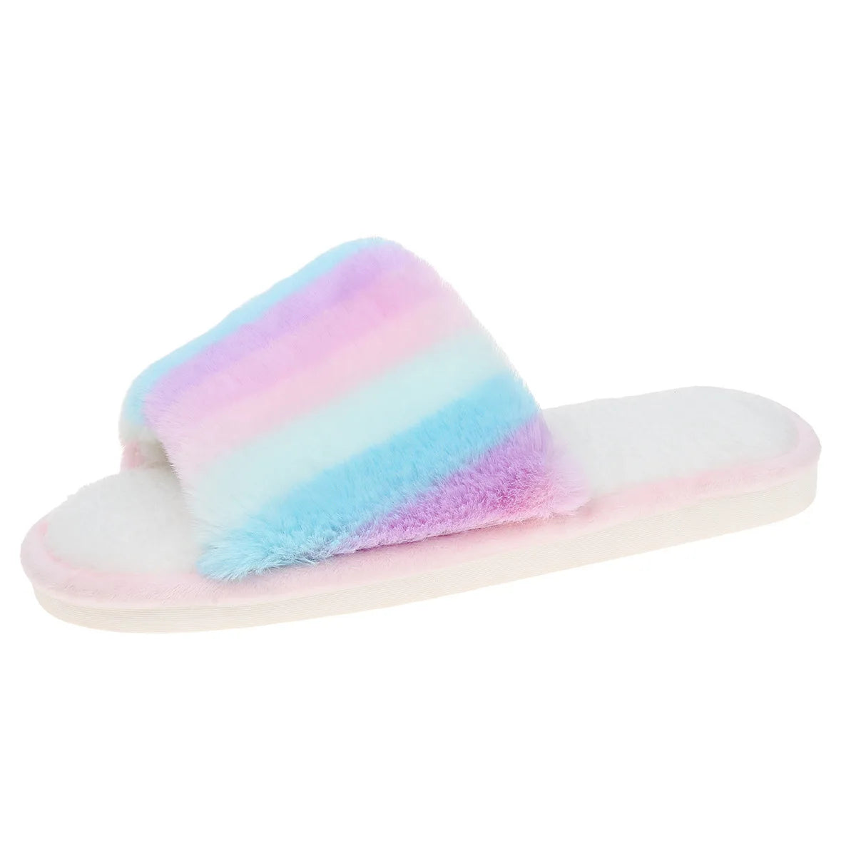 Women's Rainbow Plush Slippers – Fluffy Non-Slip Indoor Shoes