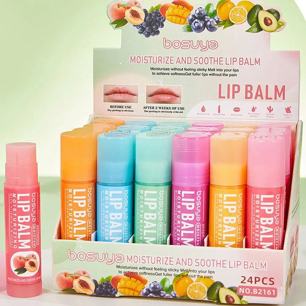 24Pcs Fruit Series Lip Balm Set Honey Grape Avocado Moisturizing Bulk Mini Balm Pack for Dry Cracked Lips Hydrating Lips Care Peaceful Pleasures Health and Wellness