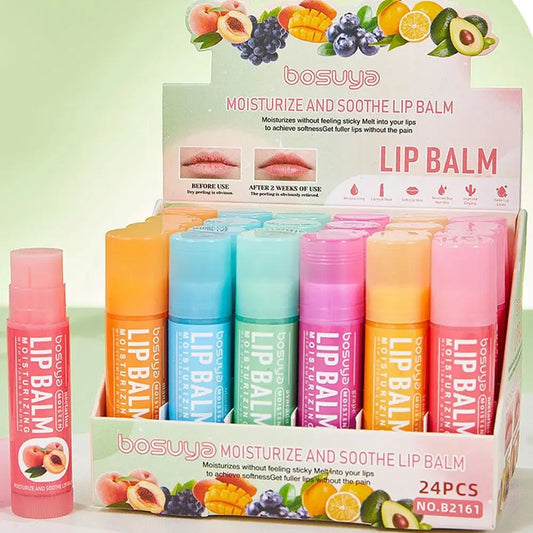 24Pcs Fruit Series Lip Balm Set Honey Grape Avocado Moisturizing Bulk Mini Balm Pack for Dry Cracked Lips Hydrating Lips Care Peaceful Pleasures Health and Wellness