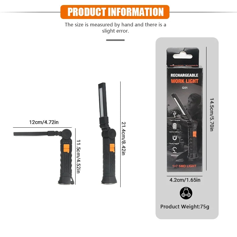 800LM COB LED Work Light – USB Rechargeable Magnetic Lamp