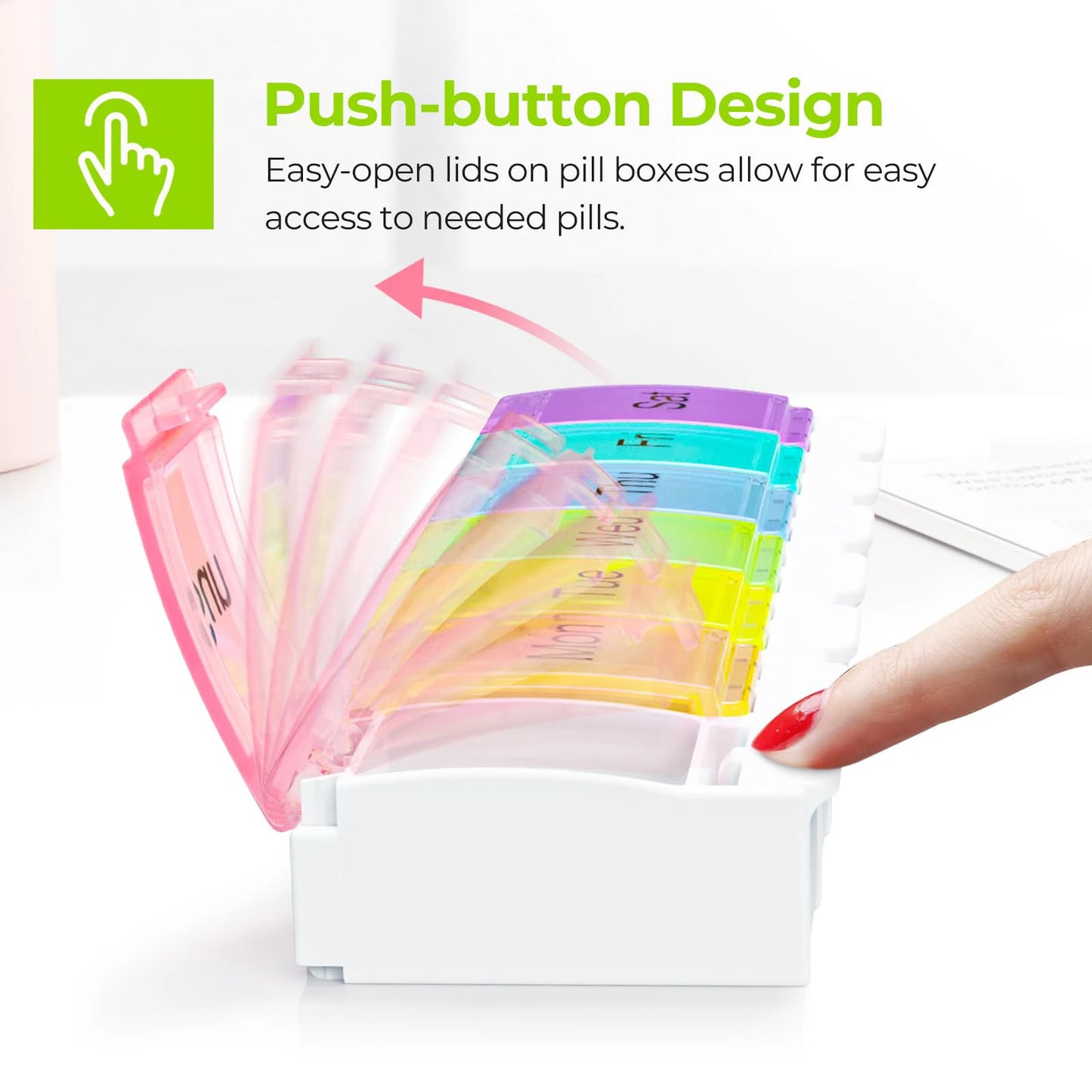 Weekly Pill Organizer Arthritis Friendly, BPA Free Travel 7 Day Pill Box Case with Spring Open Design and Large Compartment Peaceful Pleasures Health and Wellness