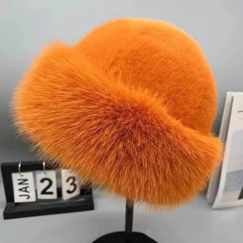 1pc Winter Thicken Faux Fur Fisherman Hat for Women, Windproof Snowproof Pilot Hat, Ear Protection Cap for Outdoor Riding Skiing Peaceful Pleasures Health and Wellness Orange