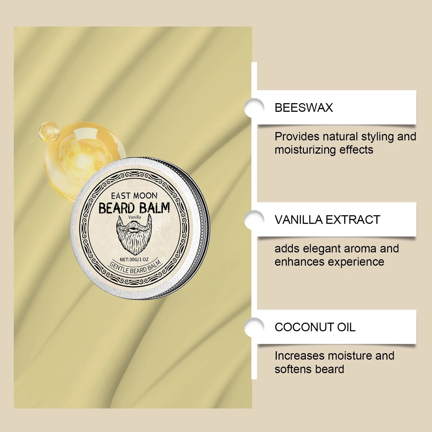 East Moon Vanilla Beard Balm – Moisturizing & Softening, 30g