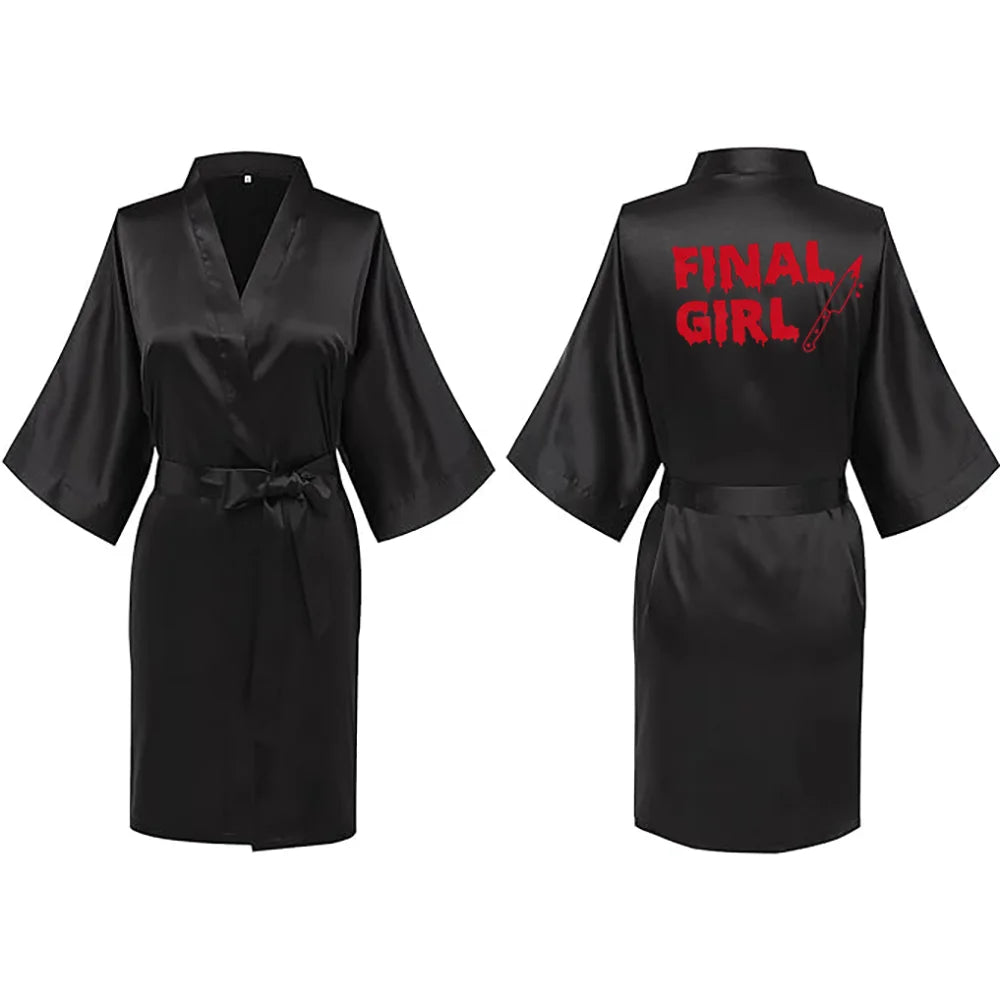 Final Girl Black Satin Robe | Gothic Bride Halloween Wedding Gift Satin Bridal Robe Peaceful Pleasures Health and Wellness 1Pcs Robe XL