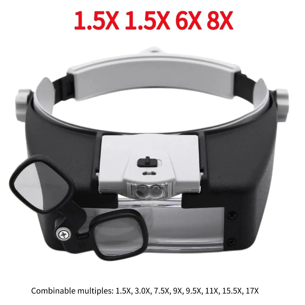 LED Magnifier Glasses Head Mount 1.5X 6X 8X Lightweight Multi-Power for Elderly Reading Electronics Repair Coin Hobby Peaceful Pleasures Health and Wellness 81007AP