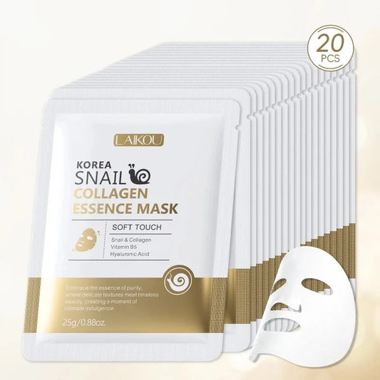 LAIKOU Korea Snail Collagen Essence Mask Hydrating Sheet Mask Anti-Wrinkle Face Mask Firming Skin Care 25g*20pcs Peaceful Pleasures Health and Wellness 20PCS