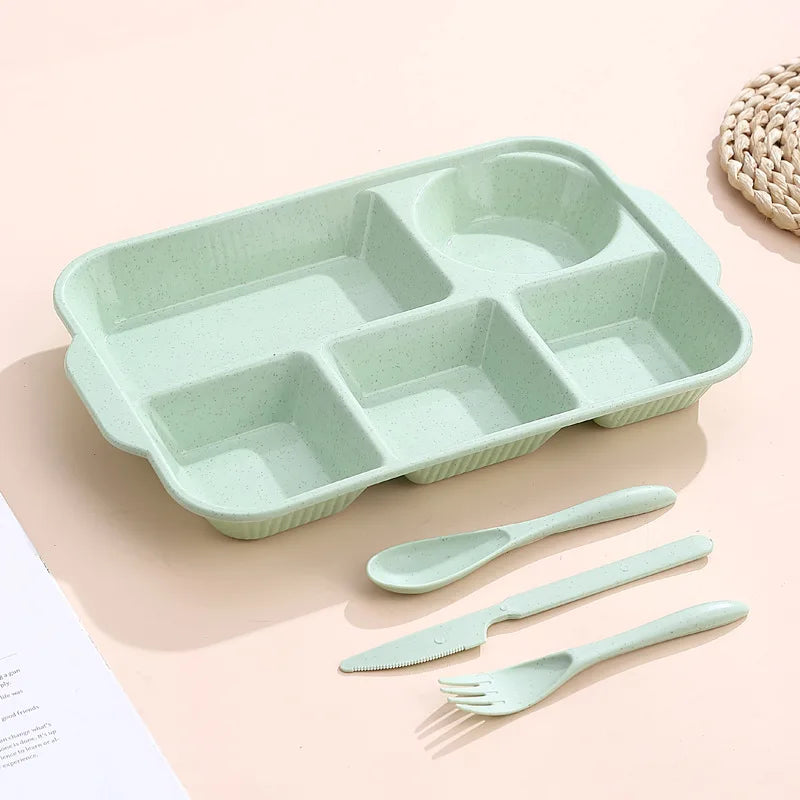 Portable 5 grids Meal Box Food Grade PP Rectangular Divided Lunchbox Separating Plates with knife fork spoon Dinnerware Set Peaceful Pleasures Health and Wellness green