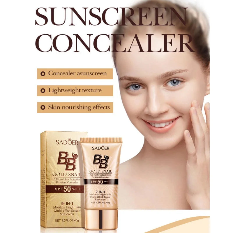 SADOER Gold Snail Sunscreen BB Cream Foundation Concealer Moisturizing Isolation Cream SPF50+PA+++ 40g Peaceful Pleasures Health and Wellness