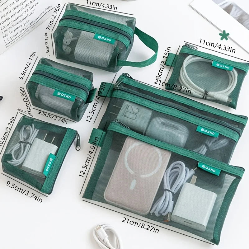 6-Piece Zipper Mesh Makeup Bags | Clear Travel Organizer Set