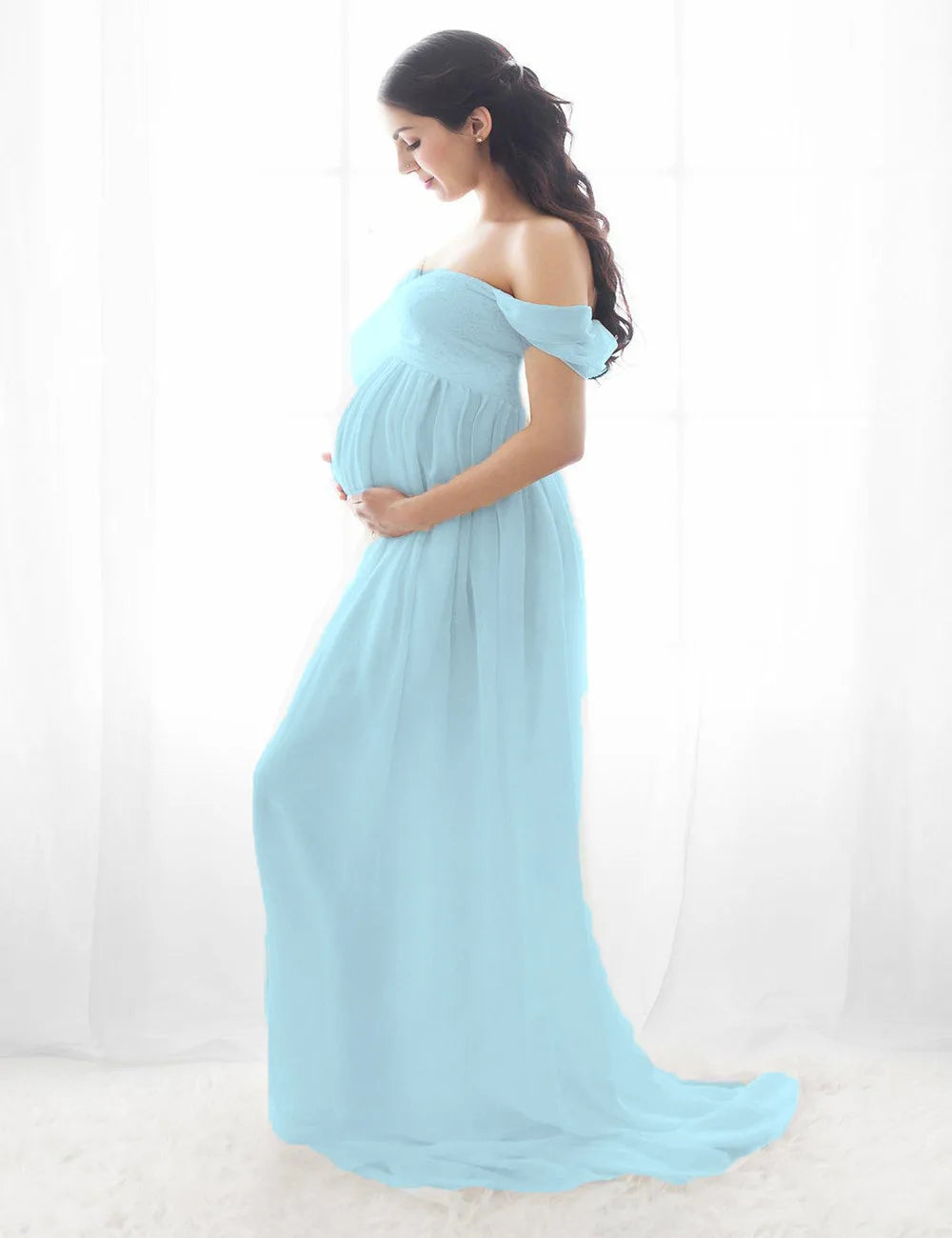 Deep V-Neck Lace Feather Maternity Gown | Photo Shoot Dress