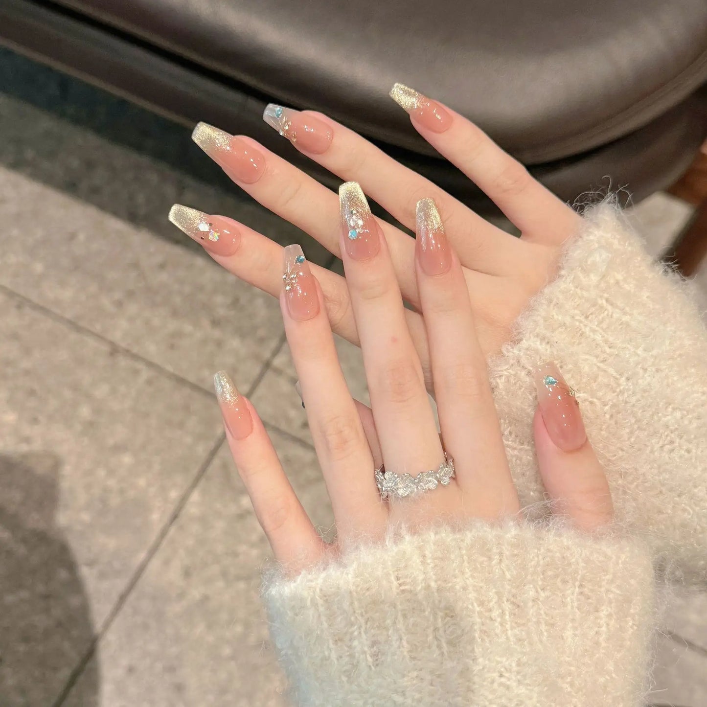 Handmade Press on Nails Shiny Gradient Gold Powder False Nails Daily Wearable Manicure DIY French Cat Eye Fake Nail Tips Peaceful Pleasures Health and Wellness L