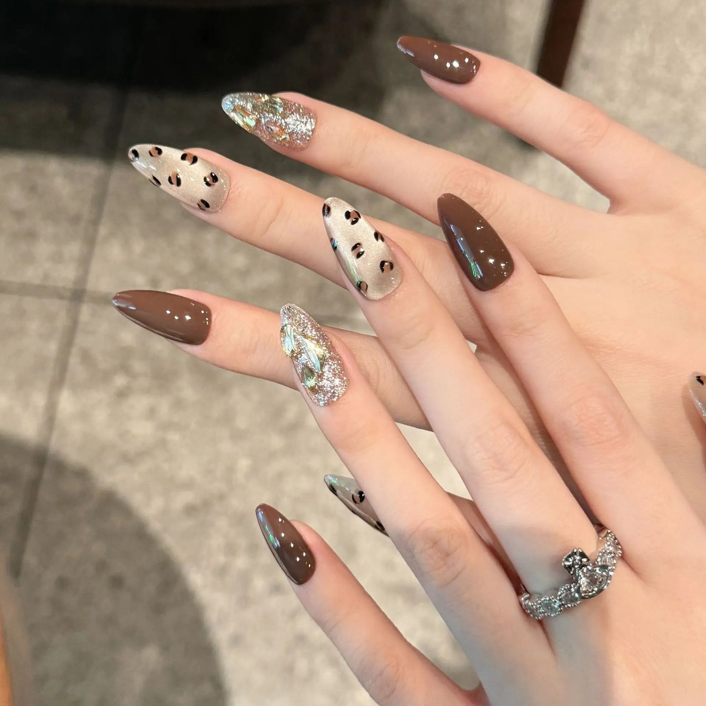 Handmade Press on Nails Gold Brown Leopard Print False Nails with Crystal Cat Eye Champagne Diamond Sweet Cool Fake Nail Tips Peaceful Pleasures Health and Wellness