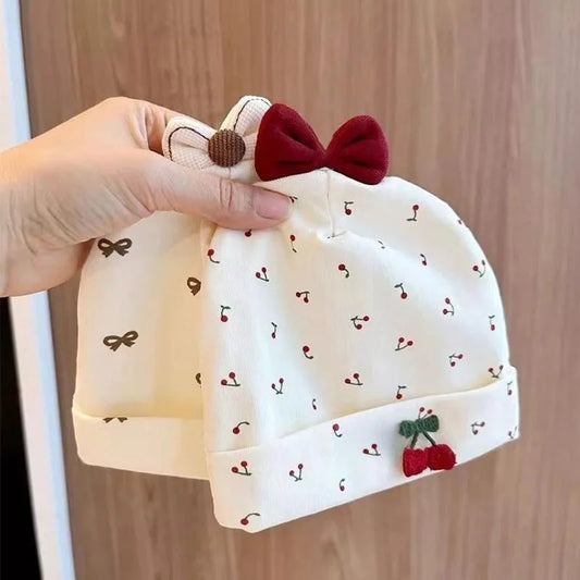 Newborn Baby Beanie | Red Bow Cherry Print Soft Cotton Cap 0-6M Newborn Baby Beanie Peaceful Pleasures Health and Wellness