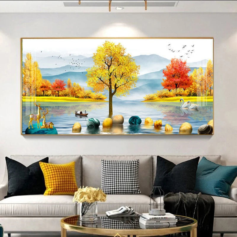 Chinese Feng Shui Golden Rich Tree Canvas Painting Wall Art Deer Landscape Lucky Stone Posters Wall Art for Living Room Decor Peaceful Pleasures Health and Wellness w2624 golden-20 50x100cm