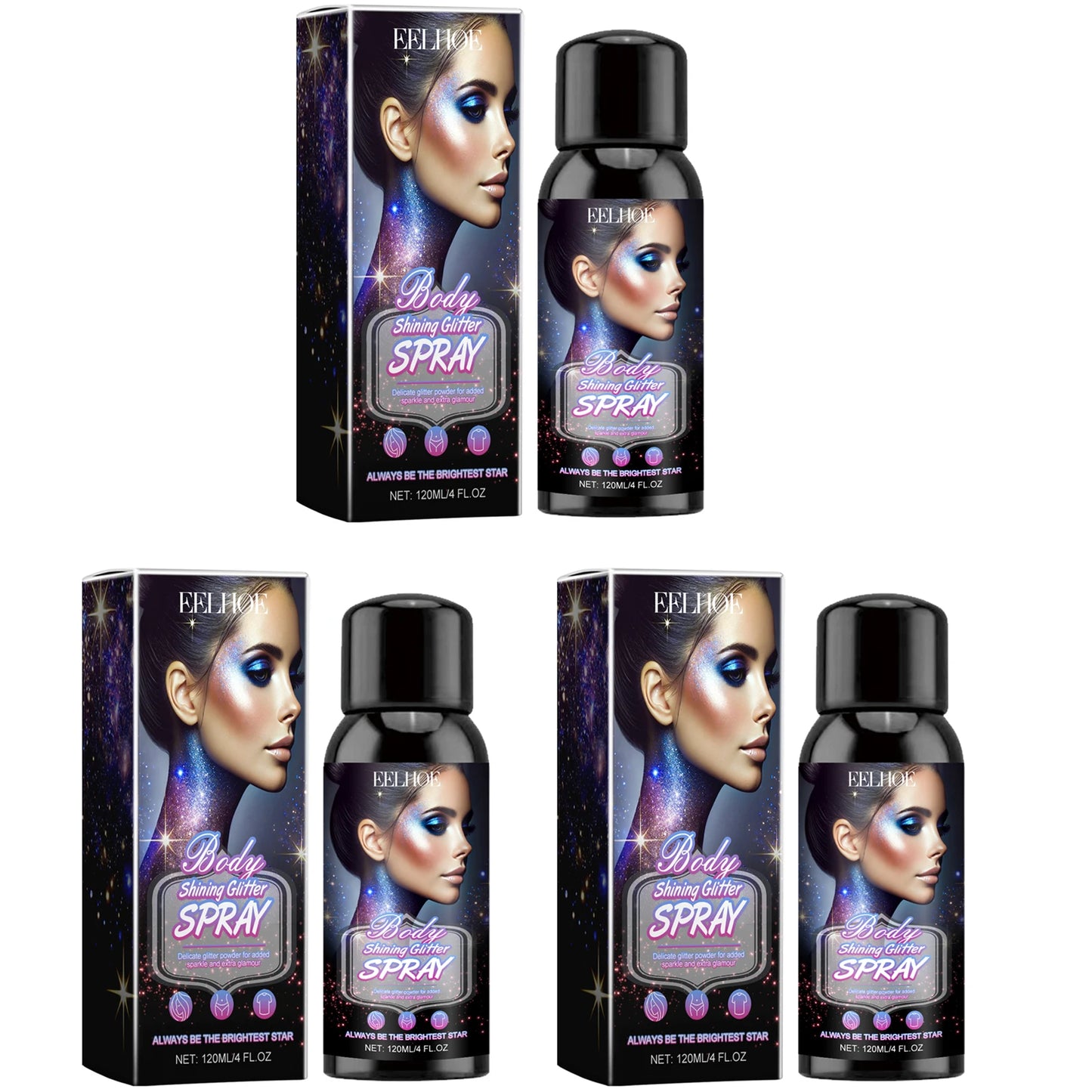 EELHOE Body Glitter Spray – Waterproof Shimmer 120ml Body Glitter Spray Peaceful Pleasures Health and Wellness 3 x 120ml Boxed