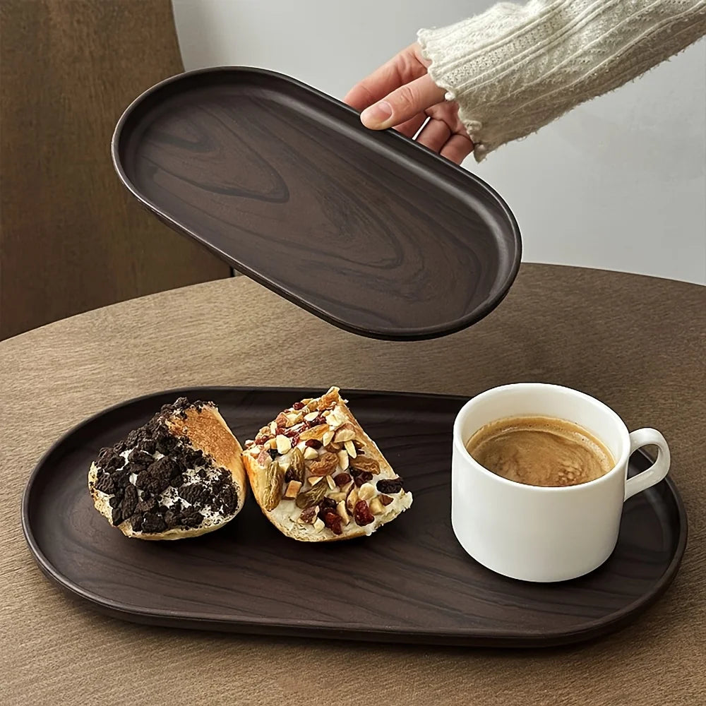 2-Piece Set of Small Oval Trays in Walnut Wood Color, Suitable for Tea Cups, Small Plates, Snacks, Cakes, Café Desserts, Storage Trays, Tea Trays, Christmas and Halloween Table Decorations Peaceful Pleasures Health and Wellness